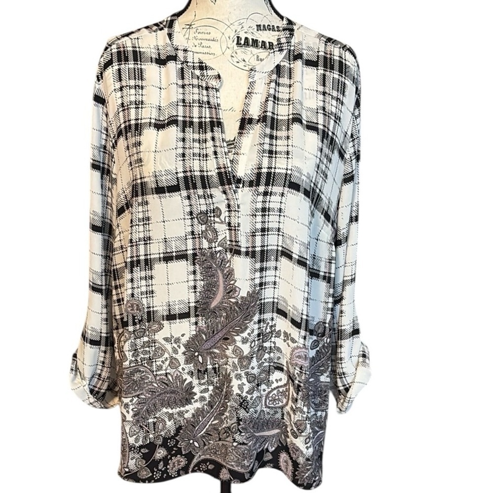 Daniel Rainn Plaid Paisley Blouse 3/4 length Sleeve Black Multi Size XL